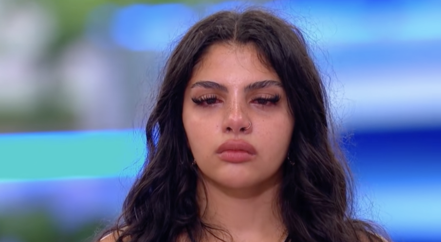 A screenshot of Huda from Love Island looking absolutely broken and weepy but also gorgeous
